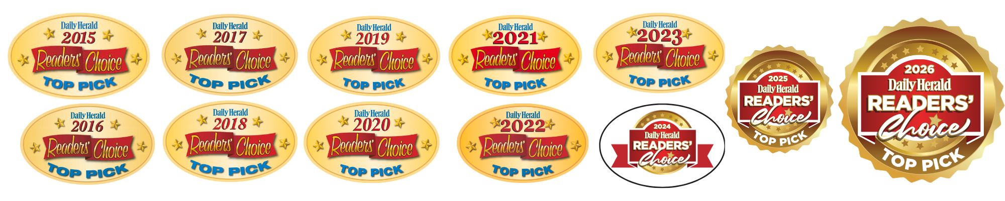 Daily Herald Readers Choice Top Pick badges for every year from 2015 through 2023 and winner badge from 2024